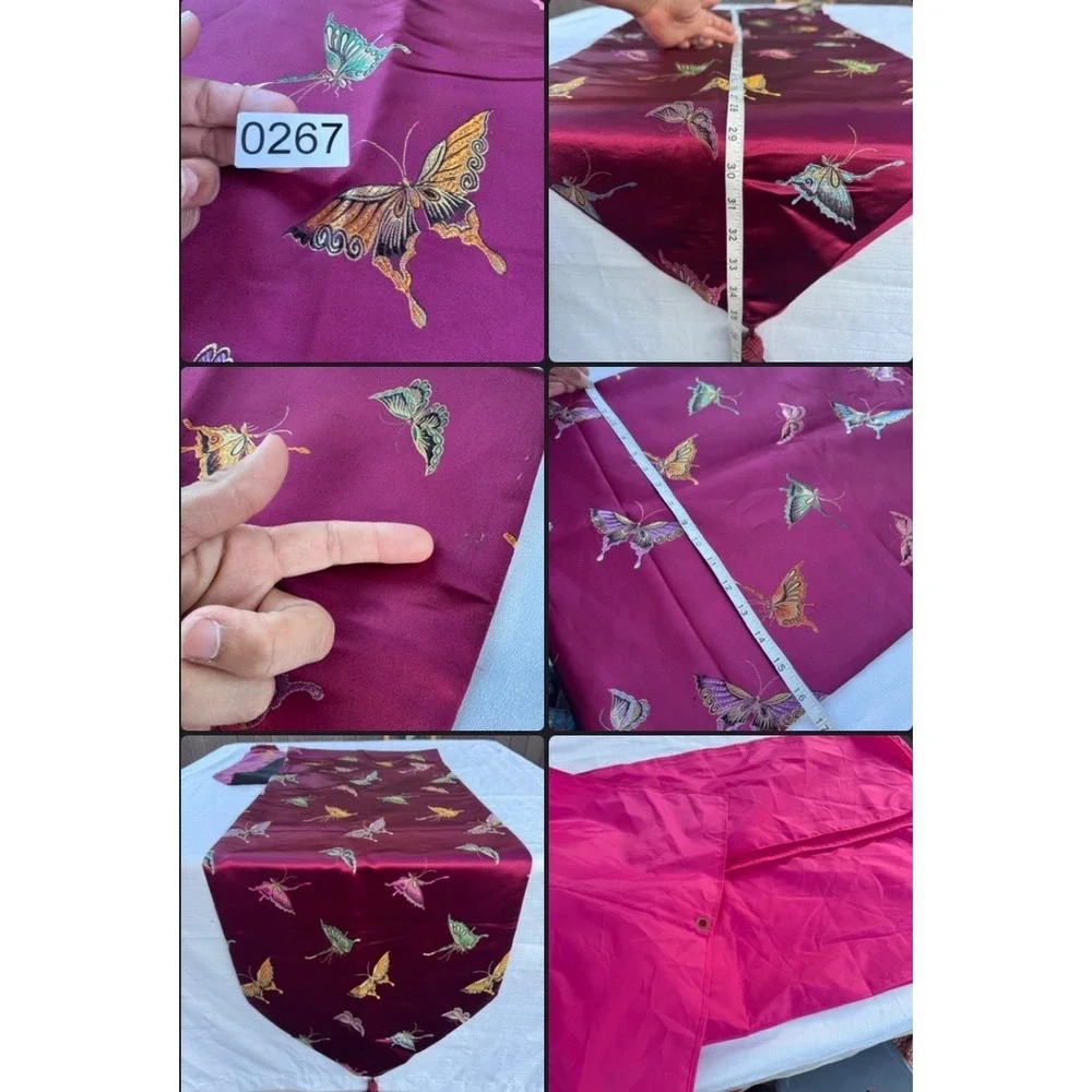 Vintage Butterfly Table Runner Burgundy Red Embroidered Tassel Chinoiserie 78